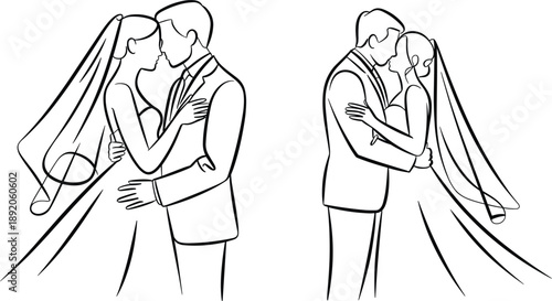 Romantic wedding couple bride and groom kissing, elegant line art vector