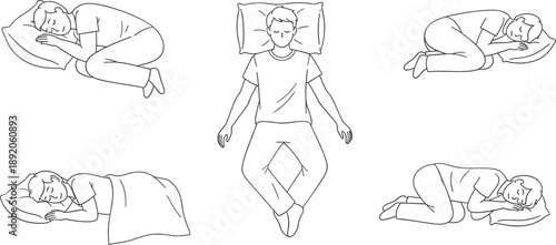Vector Set of Linear Outlines Featuring Men in Various Sleeping Poses Including Side Back and Fetal Positions for Health Design,