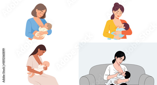 Mothers breastfeeding babies in various settings