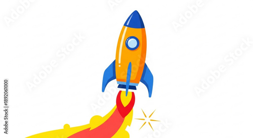 Rocket ship blasting off into the sky with vibrant flames and sparks symbolizing innovation and progress