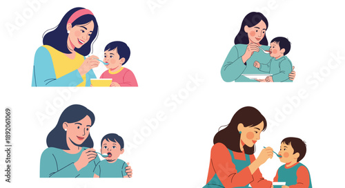Mother feeding baby with spoon, family care moments