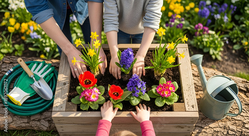 Family planting colorful flowers in a garden