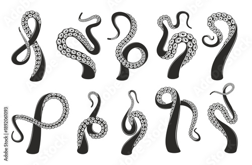 Octopus tentacles tattoo. Kraken or squid monster black and white arms curling upward with suction cups. Vector set of marine creature feeler swirling wraps, suggesting strength, fluidity, mystery