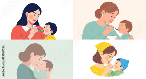 Mothers feeding babies with care and affection