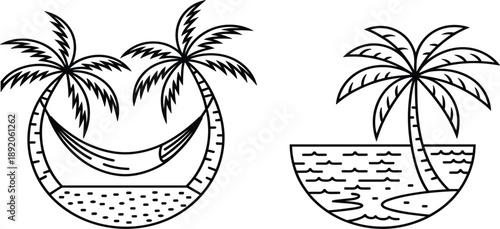 Tropical beach island with palm trees and hammock, summer vacation line art vector
