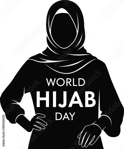Black and white silhouette graphic design commemorating world hijab day celebrating modesty faith and religious freedom for muslim women everywhere