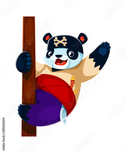 Cartoon panda animal pirate crew character wearing a skull and crossbones bandana, beige shirt, red sash and purple pants, holding onto a wooden pole with a cheerful expression and carrying a dagger