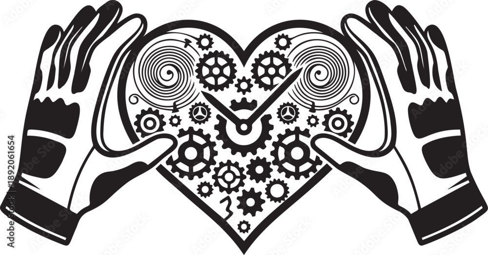 Fototapeta premium Hands forming heart shape around intricate mechanical heart with gears and clockwork, steampunk concept of enduring love