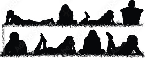 Relaxed silhouette, sitting on grass, lying pose, peaceful moment, outdoor leisure, calm posture, nature rest, flavector