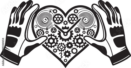Hands forming heart shape around intricate mechanical heart with gears and clockwork, steampunk concept of enduring love