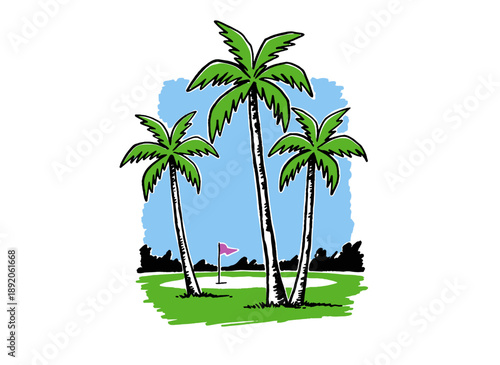 Tropical golf resort vintage artwork. Palm tree golf course print design. Summer vacation sport graphic. Retro resort t shirt vector design. Paradise