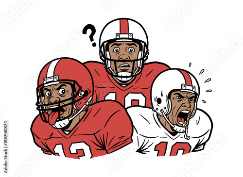 Football team players t shirt design. Intense aggressive expressions artwork. Sports graphic print for apparel. American football league champion art