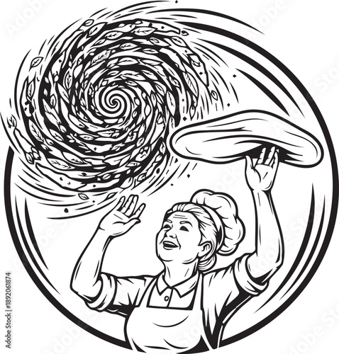 Pizzeria chef woman tossing dough into swirl of ingredients vector design for Italian restaurant branding and culinary artworks
