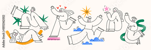 Emotional characters in linear cartoon style. People with different emotions, expressive poses, simple outlines and minimal graphic details, abstract human figures showing feelings and mood states