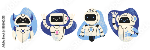 AI assistant robots in modern cartoon style. Friendly humanoid robots, digital helpers and smart technology characters.Artificial intelligence mascots, virtual support avatars and futuristic assistant