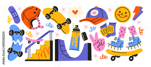 Urban skateboarding stickers in cartoon style. Skateboard, helmet, ramps and protective gear elements. Youth street culture visuals, active lifestyle symbols, dynamic sport mood and modern graphic