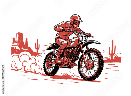 Dirt bike race illustration for apparel. Motocross racer artwork design. Vintage desert off road racing. Extreme sport challenge graphic print. Custom