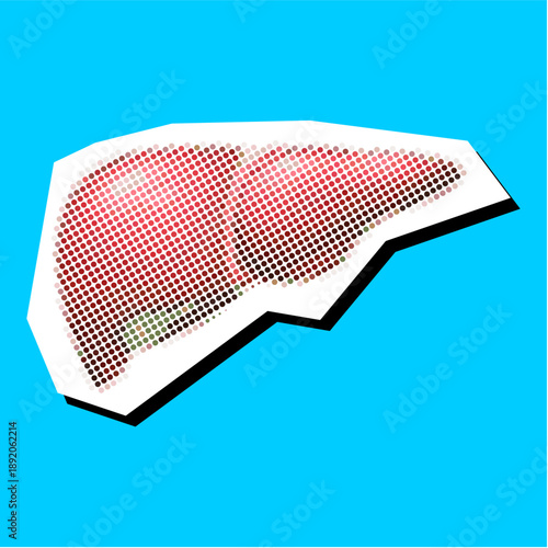 Human liver halftone Dotted Collage Element Pointillize in Paper Torn vector for medical art. Retro pop art organ ideal for anatomy posters and health ads.