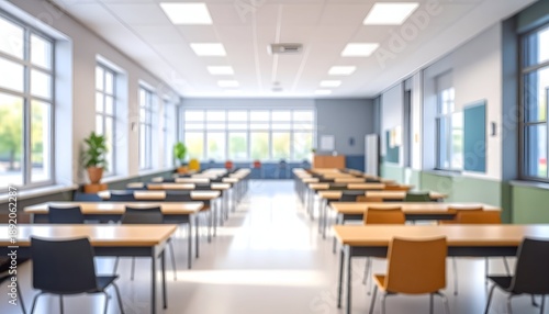 Wallpaper Mural Empty classroom with rows of desks and large windows, out of focus Torontodigital.ca