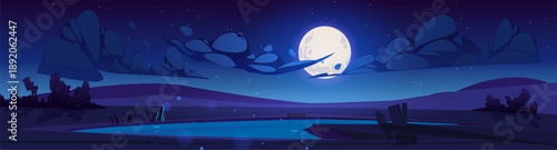 Night lake landscape cartoon vector illustration. Moonlit Desert Lake Night Landscape with Full Moon and Clouds – Calm Cartoon Vector Illustration