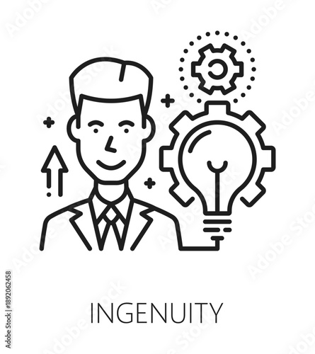 Ingenuity life skills line icon or sign. People potential vector symbol, human ingenuity ability linear pictogram. Personal quality icon or life skill sign with man employee, lightbulb and cogwheel