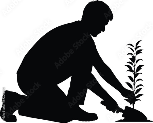 Tree planting silhouette, kneeling gardener, hand shovel pose, young plant care, nature conservation, environmental action, flavector