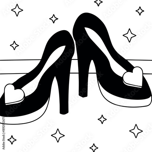 A pair of black high-heeled shoes with heart-shaped decorations on the toes is displayed on a white background with star designs