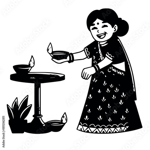 A traditional Indian woman lighting a diya lamp in a festive setting with a joyful expression on her face