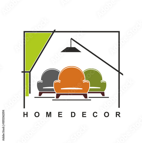 Home interior decor and furniture symbol. Three cozy armchairs in orange, gray and green colours. Hanging black ceiling lamp positioned above them, green triangular curtain fills the left corner