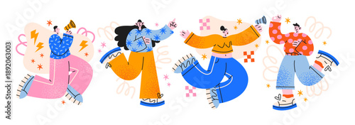 Mascot characters with megaphones in retro cartoon style. Communication objects: loudspeakers, gestures, movement. Public announcement actions, crowd attention symbols, expressive characters for event