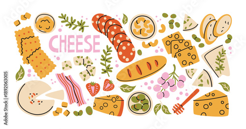 Cheese platter appetizers stickers in retro cartoon style. Snack board ingredients: cheese wedges, crackers, bread, olives, grapes, honey. Savory finger food assortment for beer gatherings,  parties