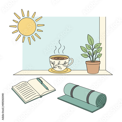 Cozy Morning Scene with Coffee Journal and Yoga Mat by the Window Keywords: morning, coffee, sun, window, plant, journal, pen, yoga mat, rolled up, steam, hot drink, cozy, peaceful, calm