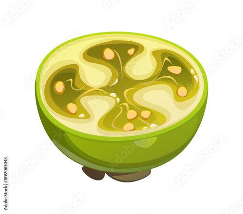Cartoon tropical ripe raw feijoa fruit half . Isolated vector halved green exotic plant with smooth skin, soft, juicy translucent pulp and edible seeds. Aromatic, sweet tart fruit rich in vitamins