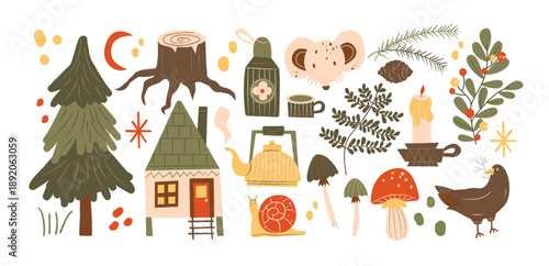 Cozy Scandinavian forest stickers in retro cartoon style. Woodland elements: trees, cabin, kettle, mushrooms, animals, branches. Nordic nature icons, slow living atmosphere and fairytale forest mood