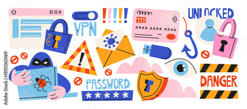 Cyber security warning icons in retro cartoon style. Digital objects: password, lock, shield, virus, vpn, alert signs. Online safety visuals for data protection, privacy awareness and internet risk 