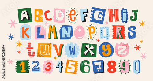 Cutout alphabet font in retro cartoon style. Playful magazine collage lettering with uneven shapes, bold characters and handmade look, childish and doodle typeface for posters, kids projects, educatio