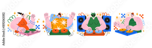 DJ mascot characters at retro parties in cartoon style. Music objects: turntables, mixer, speakers, vinyl. Dance event figures, club culture symbols and playful nightlife atmosphere