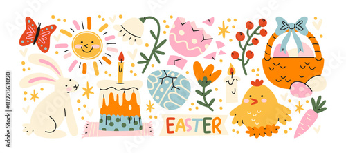 Easter holiday stickers in retro cartoon style. Festive elements: eggs, bunny, chicken, candle, cake, flowers.Christian celebration of resurrection, faith symbols, church tradition and spring religion