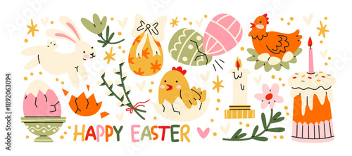 Easter holiday stickers in retro cartoon style. Festive elements: eggs, bunny, chicken, candle, cake, flowers.Christian celebration of resurrection, faith symbols, church tradition and spring religion