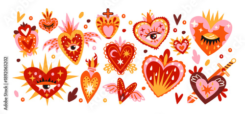 Sacred heart symbols in retro cartoon style. Decorative hearts with flames, eyes, wings, crosses and stars. Spiritual love icons inspired by folk art, religious symbolism and mystical devotion