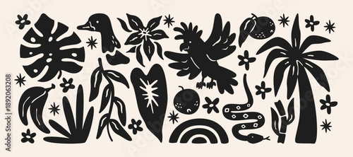 Tropical nature silhouettes in retro cartoon style. Palm tree, monstera leaves, tropical flowers, parrot, snake and duck shapes, jungle plants and exotic wildlife elements inspired by tropical rainfor