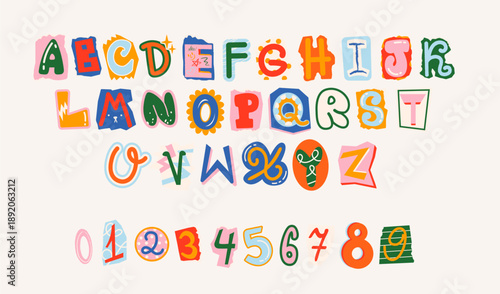 Cutout alphabet font in retro cartoon style. Playful magazine collage lettering with uneven shapes, bold characters and handmade look, childish and doodle typeface for posters, kids projects, educatio