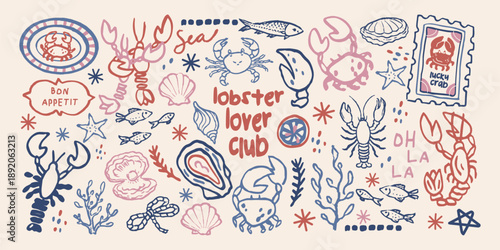 Seafood shapes in retro cartoon style with lobster, crab, oyster, fish, seashells, marine animals, nautical symbols and coastal food elements inspired by ocean cuisine and seaside dining visuals