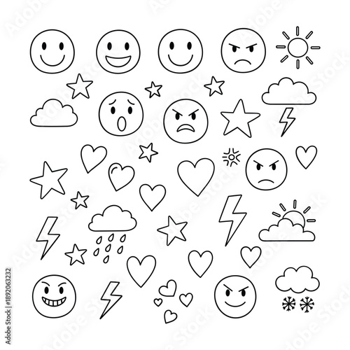 Collection of hand-drawn doodle icons for emotions weather and symbols Keywords: smiley face emoji angry face emoji sad face emoji surprised face emoji happy face emoji sun icon cloud icon