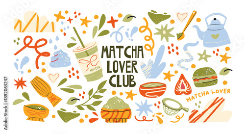 Cartoon set of matcha green tea. Fresh drink, ceramic cup, teapot, brewing pot. Hand drawn vector doodles depicting traditional Japanese tea ceremony.	