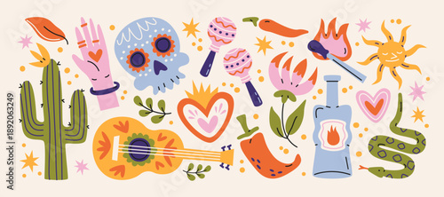 Mexican folk stickers in retro cartoon style. Traditional symbols: skull, cactus, guitar, chili pepper, sun, heart, snake, maracas. Latin culture inspired decorative stickers for festivals creative