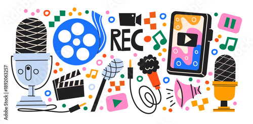 Content creation tools in retro cartoon style. Microphone, smartphone and recording symbols with media icons, playful digital production atmosphere, visual language of podcasting, video blogging 
