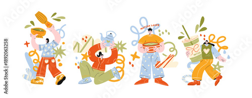Matcha drink lovers characters in retro cartoon style. People holding matcha tea cups, whisk and bowl, preparing and drinking green tea beverage, cozy cafe moments with matcha latte traditional tea