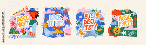 90s disco music posters in retro cartoon style. Typography cards with characters, vinyl records and playful shapes, bright nostalgic party mood, expressive lettering and graphic compositions 