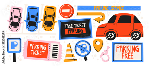 Parking service icons in retro cartoon style. Cars, parking signs and ticket elements, urban transport symbols and navigation graphics, everyday city infrastructure visuals, simple road guidance 
